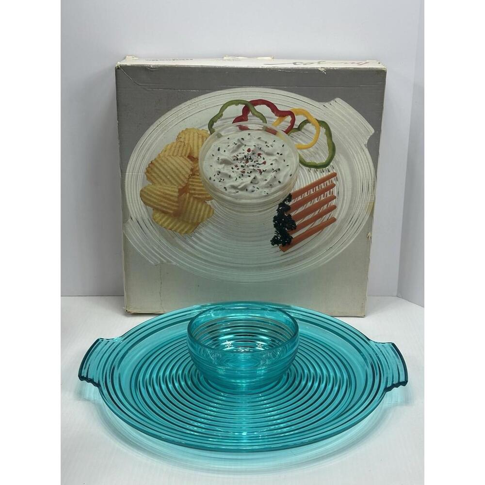 Vintage Majestic‎ Images Aqua Lucite Chip & Dip Set 1986 New In Box